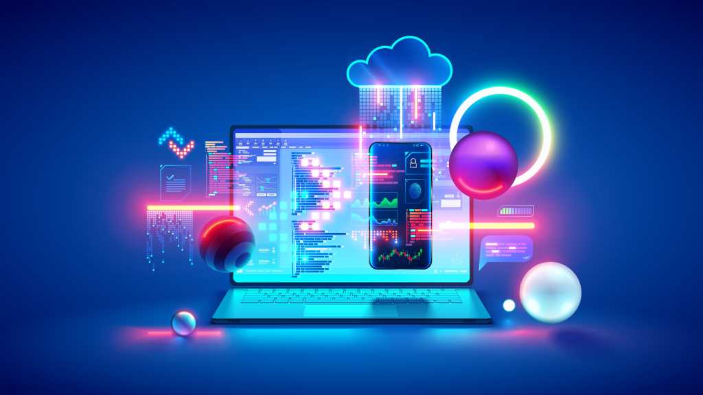 Technology of Software development, web design, programming concept. Program code on screen laptop, phone, code of program, data, interface elements on screen laptop. Software development Tech Banner